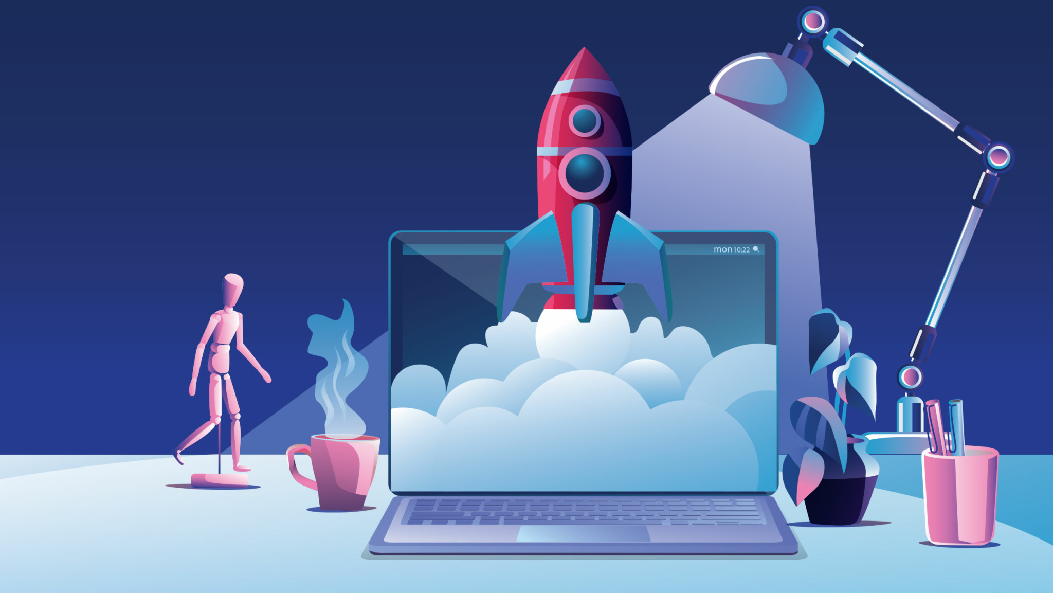 Illustration with rocket and laptop for a successful relaunch