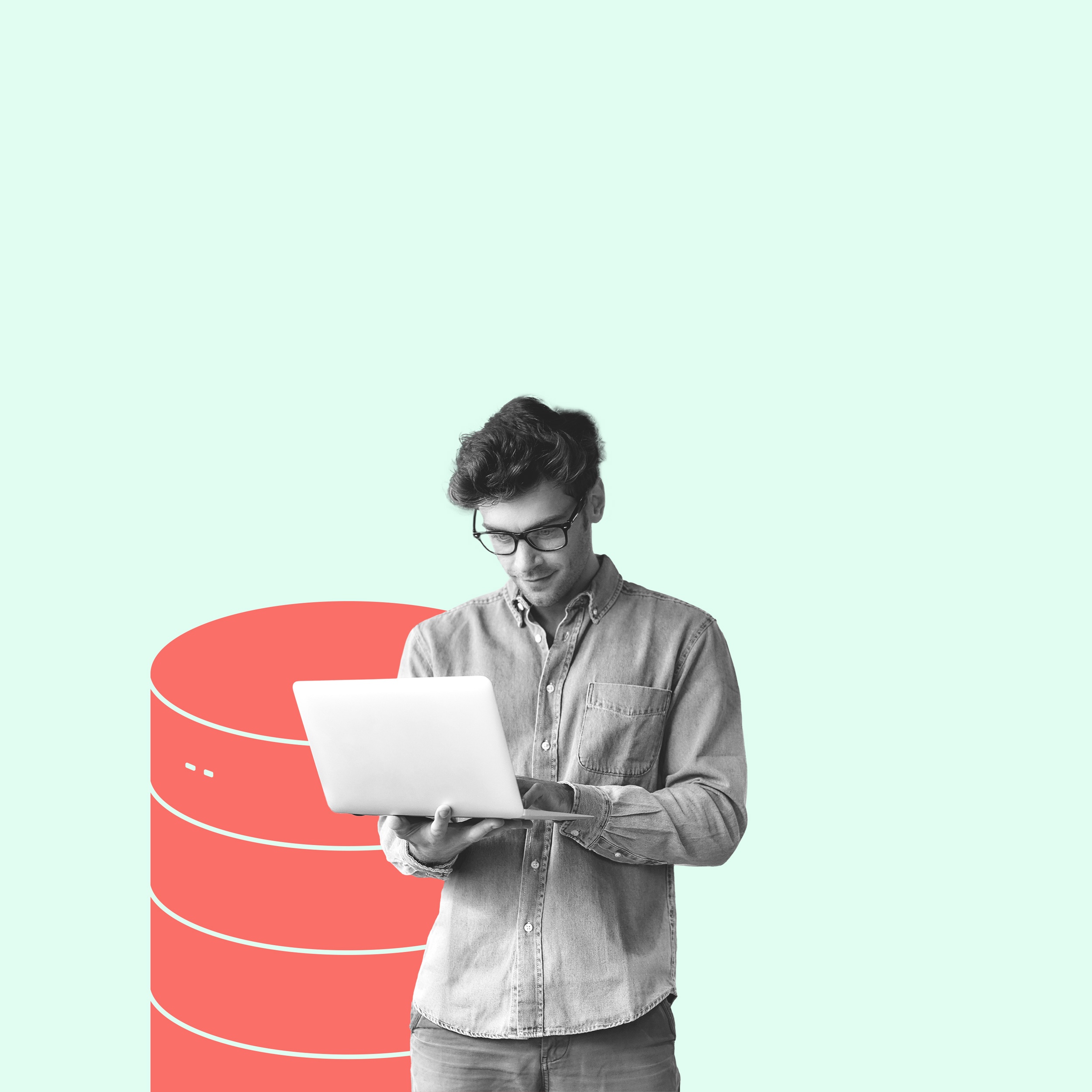 Man standing with laptop in front of a database symbolism