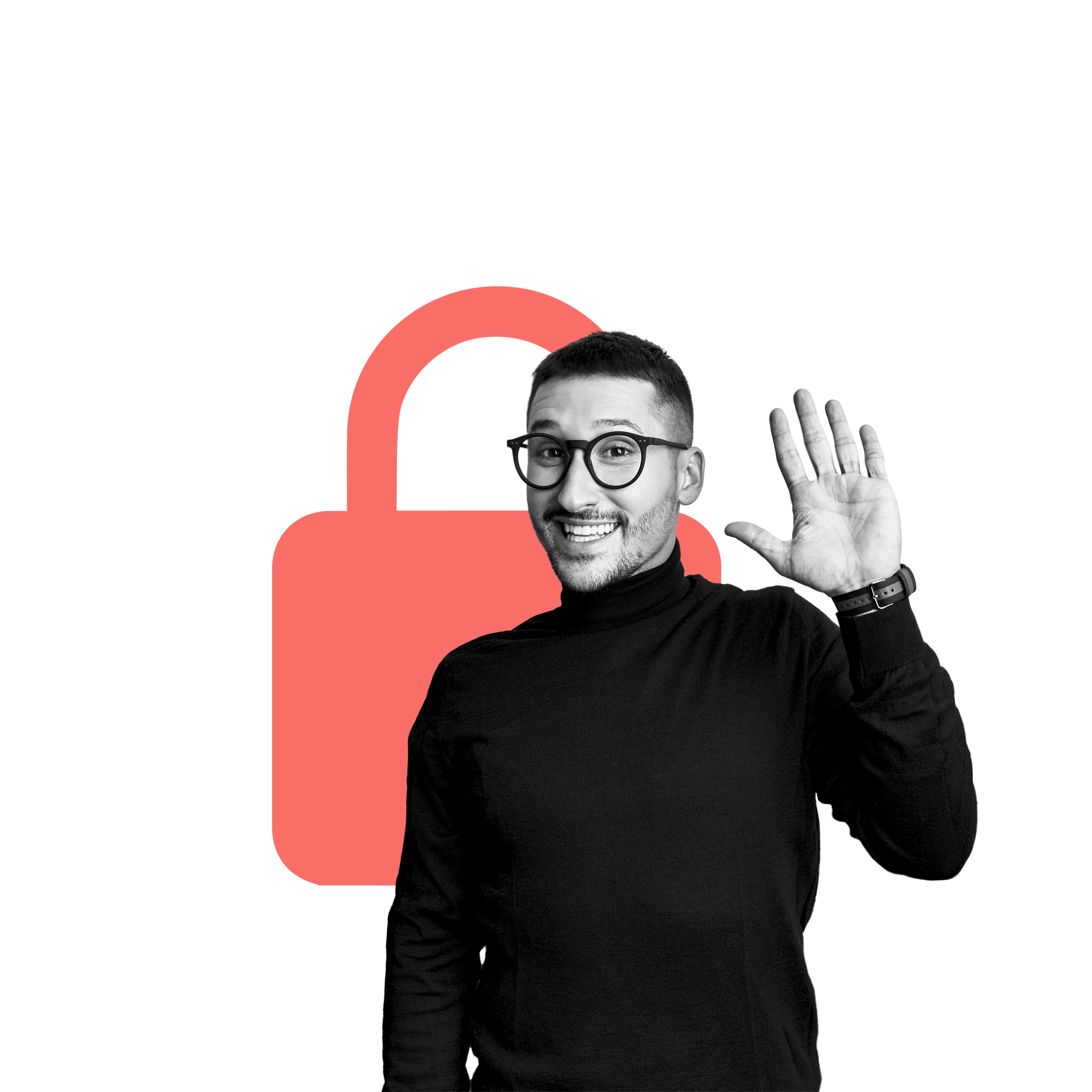 Man waving in front of an encryption and web security icon